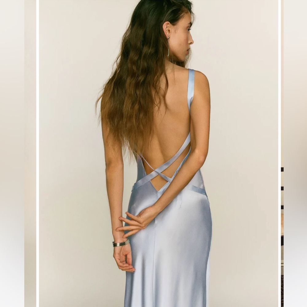 NWT Reformation Tatie Silk V Neck Maxi Bridal Dress Mineral Blue 12 - Picture 3 of 6
